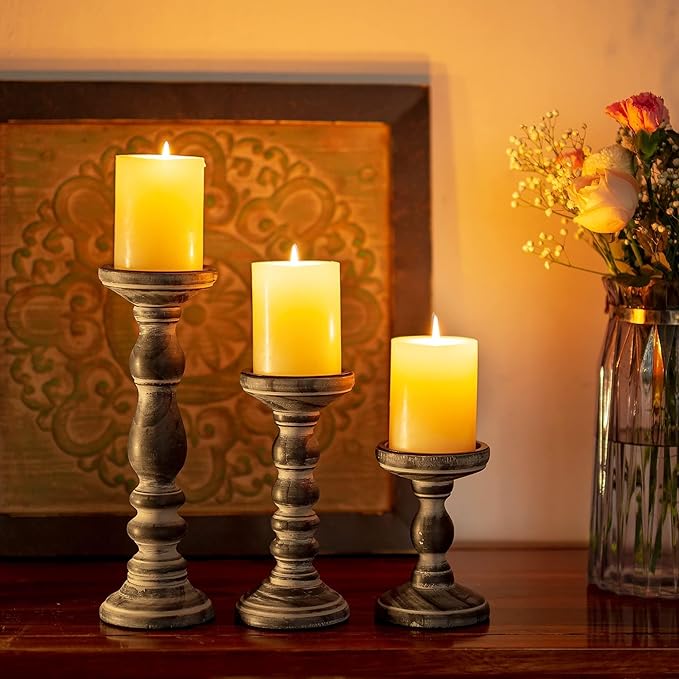 Wooden Pillar Candle Holder: Rustic Black Candle Stand Wood Distressed Candleholders Farmhouse Fall Decor for Christmas Fireplace Mantle Dining Table Living Room Shelf Set of 3