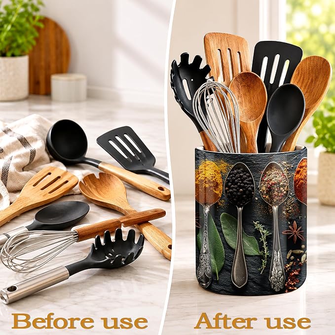 Ceramic Kitchen Utensil Holder for Countertop,Cooking Herbs Spices Large Utensil Crock for Kitchen Counter,Cooking Utensil Organizer for Spatulas,Spoons