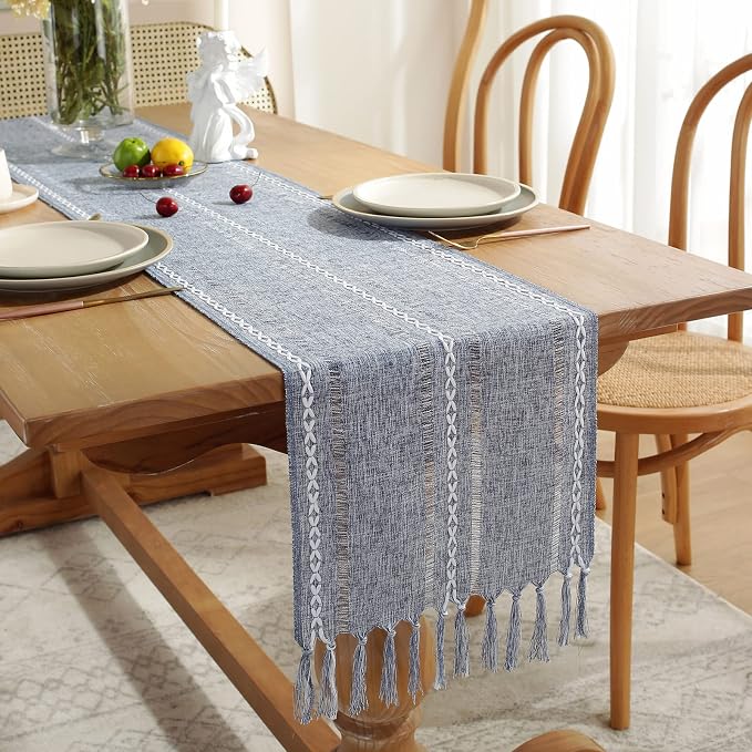 Rustic Boho Table Runner, Farmhouse Table Runners 90 Inches Long for Kitchen Dining Room, 13x90 Inches, Blue Lines