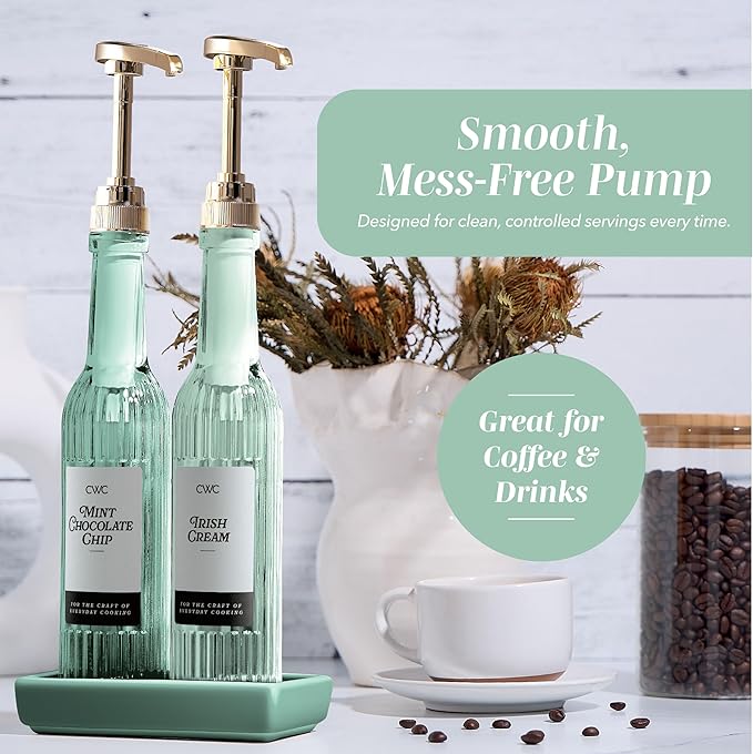 COOK WITH COLOR Glass Coffee Syrup Dispenser with Pump- Set of 2 Syrup Bottles for Coffee Bar, Decorative 350 ML Bottle with Ceramic Holder, Funnel, Labels and Extra Pumps, Textured Sage