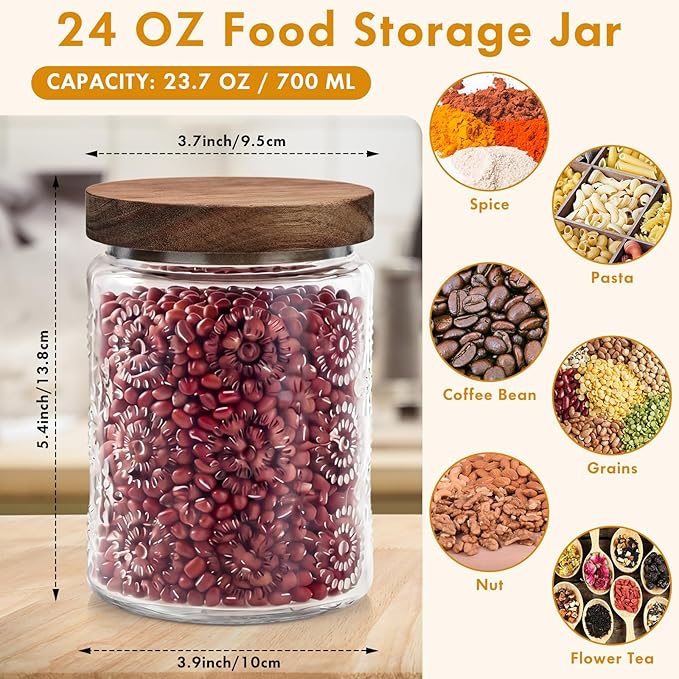 Suclain 6 Pack 23.7 oz Vintage Glass Jar with Wooden Lids Airtight Storage Food Container Jar for Kitchen Bathroom Pantry Decorative Vintage Canister for Coffee Beans, Brown Sugar(Fireworks)