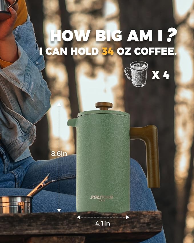 POLIVIAR French Press Coffee Maker, 34 oz | Real Wood Handle Coffee Press, Double Wall Insulation, Dual-Filter Screen, Food Grade Stainless Steel, For Coffee and Tea