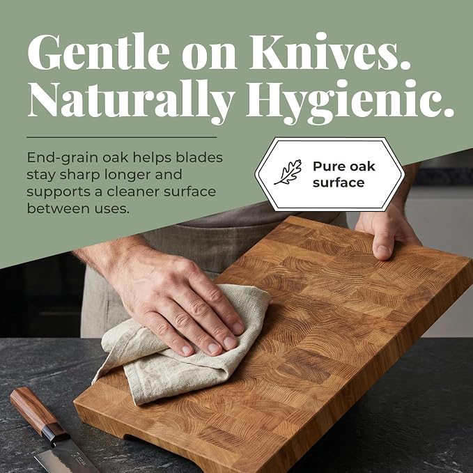 End Grain 16"x12" European Oak Wood Cutting Board, Butcher Block, Wooden Chopping Board with Non-Slip Feet & Handles, Charcuterie Board, Knife-Friendly, Serving Cutting Board for Kitchen