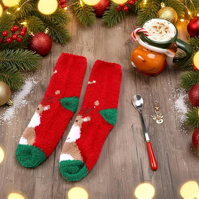Sliner 4 Pcs Christmas Reindeer Mug Gift Set 17 oz Ceramic Reindeer Coffee Mugs with Red Spoons Cute Funny Christmas Fuzzy Socks Mini Keychains for Women Men Adults Coworker Birthday Xmas Present