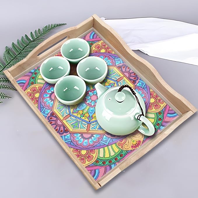 Generic DIY Diamond Serving Tray Rectangular Upgrade Increase Breakfast Tray with Handles Handmade Diamond Art Painting Wooden Tray Dinner Plate for Coffee Living Room Home Organizer-Mandala05