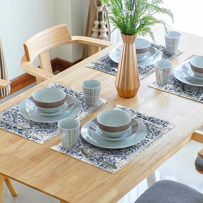 Navy Blue Gray Boho Placemats Set of 6 Ethnic Bohemian Carpet Place Mats Washable Kitchen Dining Vintage Grey Geography Floral Linen Table Mats Stain Heat-Resistant for Home Party Indoor 12x18 in