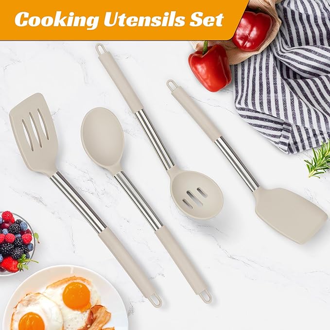 Kitchen Utensils Set Silicone Kitchen Utensils Set for Nonstick Cookware Perfect for Baking and Mixing,Spatula Set BPA Free Dishwasher Safe Khaki 4 Pack