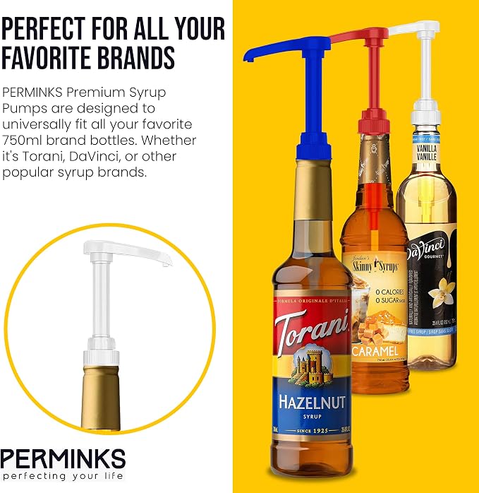 Premium Syrup Pump Compatible with Torani 750 ml Bottle, Davinci Syrups - No Spill, No Clog Syrup Pump Dispenser for Vanilla, Snow Cone, Coffee Flavoring & More (Pack of 6, Red, White & Blue)