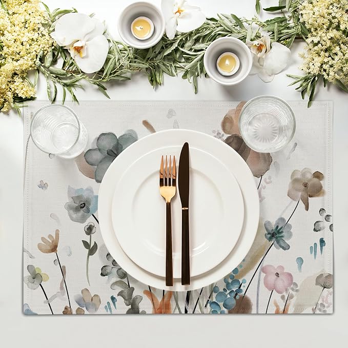Brown Cream Grey Teal Floral Placemats Set of 6 Watercolor Flowers Place Mats Washable Dining Rustic Abstract Floral Farmhouse Linen Table Mats Stain Heat-Resistant Cloth Table Mat Decor 12x18 in