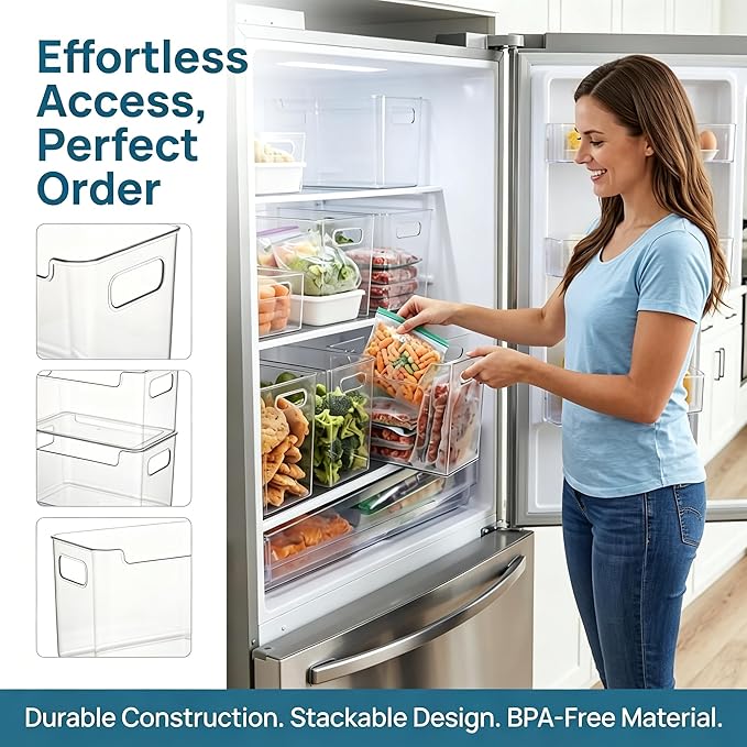 4 Pack Crystal Clear Freezer Storage Bins, Mixed Size Clear Bins for Organizing, Stackable Plastic Storage Bins with Handles, Kitchen Organizer for Refrigerator, Pantry, Cabinet (4s)