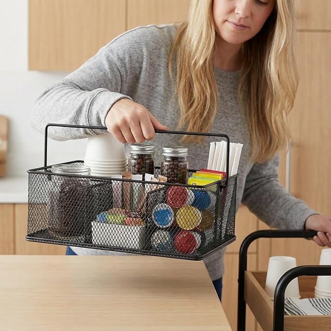 Coffee Bar Organizer,Metal Mesh Snack Organizer Basket with Hideaway Handle,Large Capacity Coffee Snack Holder for Countertop,Coffee Pods,Tea Condiment,Snack Bar,Kitchen Pantry Storage(Black)