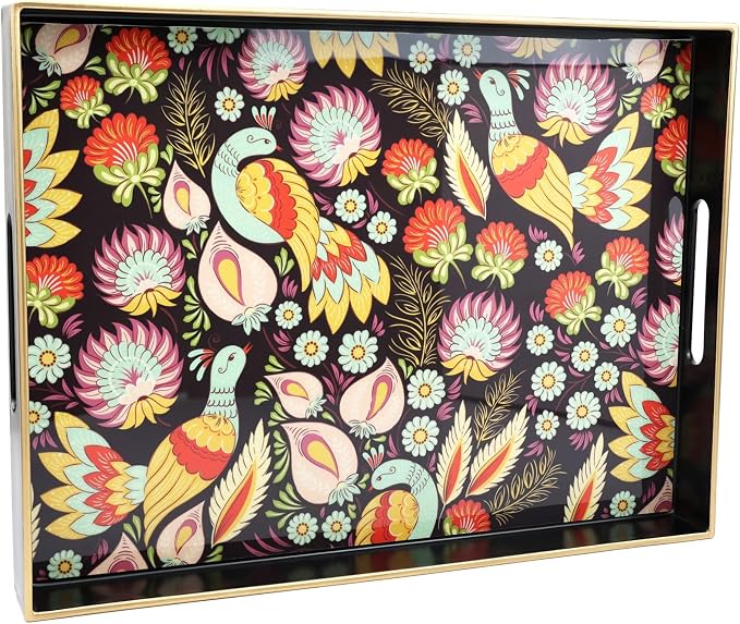 Spsyrine Decorative Serving Tray with Handles, Black Lacquered Coffee Table Tray for Ottoman, Rectangle Waterproof Platters for Centerpieces, Parties, Living Room, Kitchen Counter Organization Peacock