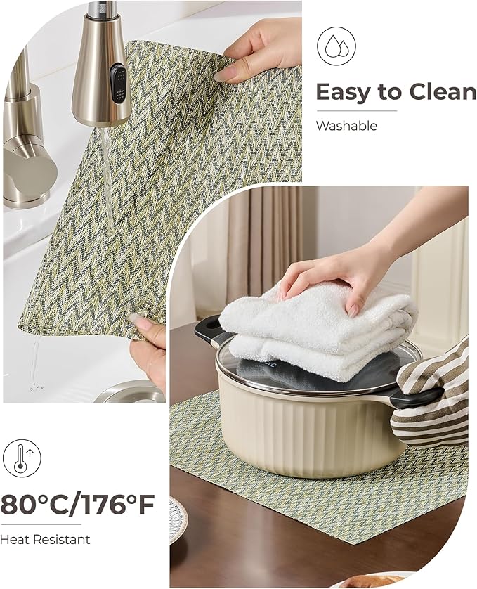 Leetaltree Green Placemats Set of 6 - Heat Resistant Non-Slip Place mats for Dining Table, Washable Durable PVC Vinyl Woven Table Mats（Green Zigzag, 6）