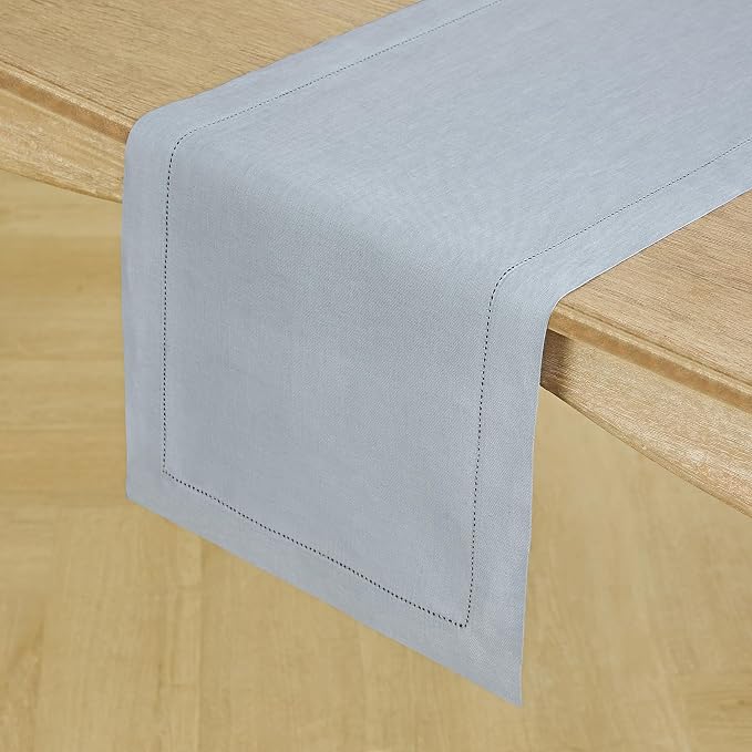Solino Home Linen Table Runner 120 Inches Long - 100% Pure Linen Dusty Blue Table Runner 14 x 120 Inch for Summer - Classic Hemstitch