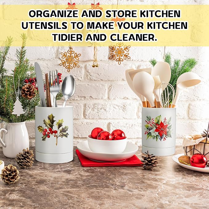 2 Pcs Ceramic Utensil Holders 5.7" Kitchen Decoration Utensil Holders Crock Organizer for Countertop with Removable Drip Tray for Counter Cooking Storage Home Kitchen