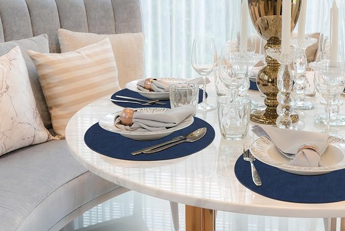homing Round Faux Leather Placemat and Coaster 6 Packs, Washable Heat Resistant Dining Place Mats, Wipeable Double-Sided Table Mats for Indoor and Outdoor, Diameter 13 and 3.93 inch, Navy