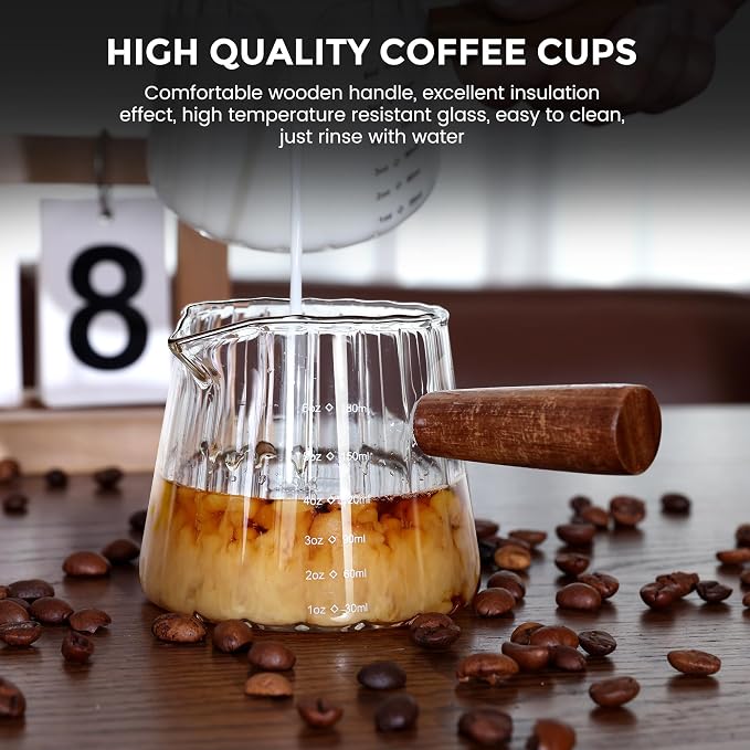 Espresso Measuring Cup 6 Oz, Espresso Glass Cups with Wood Handle, Milk Frothing Cup, Espresso Cup for Coffee, Milk, Tea or Maple Syrup Serving
