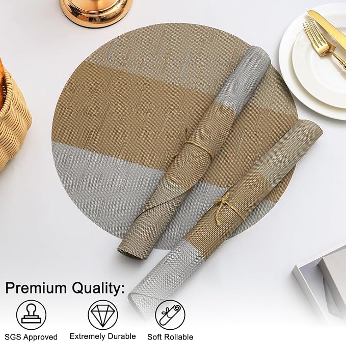 Round Placemats Set of 8, 15 Inch Woven Vinyl Heat Resistant Place Mats, Washable Non Slip PVC Table Mats for Kitchen Dining Party Outdoor Table Decor (Gray Light Brown, 8)