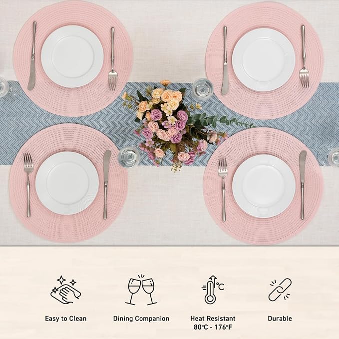 Winknowl 15 Inch Round Braided Placemats Set of 6, Washable Cotton Polyester Table Mats, Heat Resistant Non-Slip Place Mats for Kitchen Dining Table Decor (Pink,6pcs)