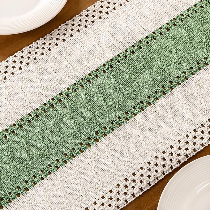 MLMC Sage Green Boho Table Runner Farmhouse Macrame Woven Table Runner 60 inch Long Rustic Cotton Linen Blend Table Decor for Dinning Kitchen Wedding Bridal Shower Eveyrday Use 12x60 Inch