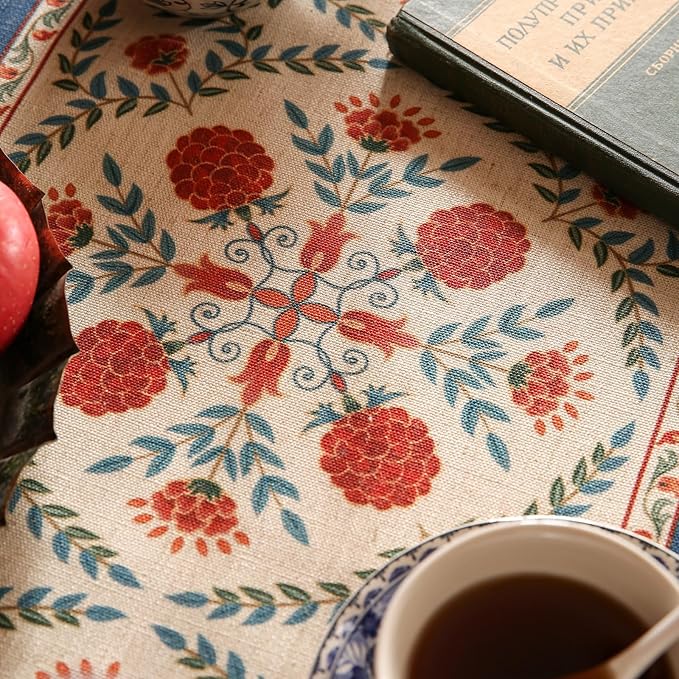 patdrea Designer Vintage Bright Farmhouse Extra Long Linen Table Runner 118 Inch Long, Maroon Floral Pattern Table Mat, Decor for Kitchen Dining Coffee Table Cabinet Banquet Christmas ,12"*118"