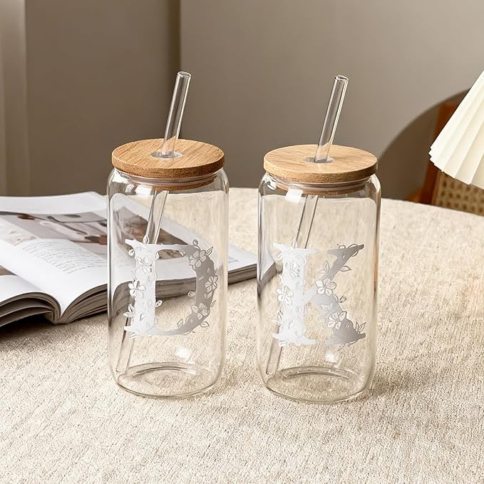 Personalized Gifts for Women, Monogrammed Glass Cups with Lids and Straws, Customized Gifts for Women, Cute Design Initial Iced Coffee glasses, Custom Letter Mug, Birthday Bridesmaid,P