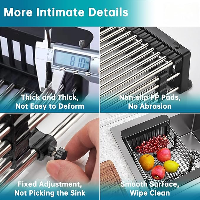 Dish Drying Rack, Stainless Steel Dish Drainer with Adjustable Arms Holder Functional Kitchen Sink Organizer for Vegetable and Fruit, Black Large