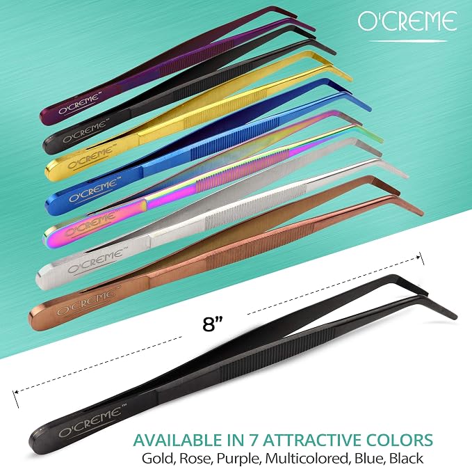 O'Creme Stainless Steel Precision Kitchen Culinary 8 Inch Tweezer Tongs (8" Curved, Black)