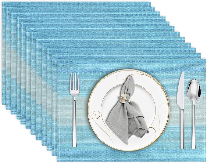 Niviy Blue Placemats Set of 12, 12x18 Inch Washable Easy to Clean Heat-Resistant Anti-Skid Table Mats for Holiday Party Kitchen Dining Room Decoration