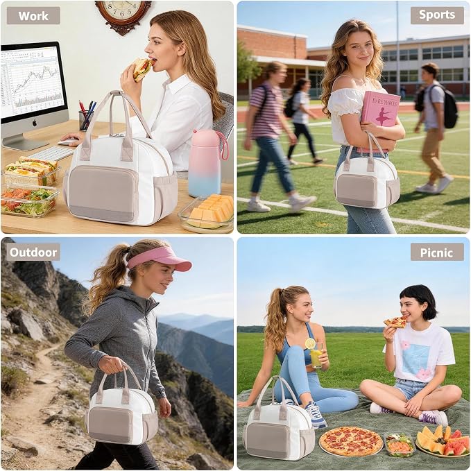 Stylish Color-blocked Lunch Bag for Women, Leakproof Lunch Box for Adult Girls, Large Capacity Reusable Lunch Box for Work Picnic Travel(Khaki with Off White)