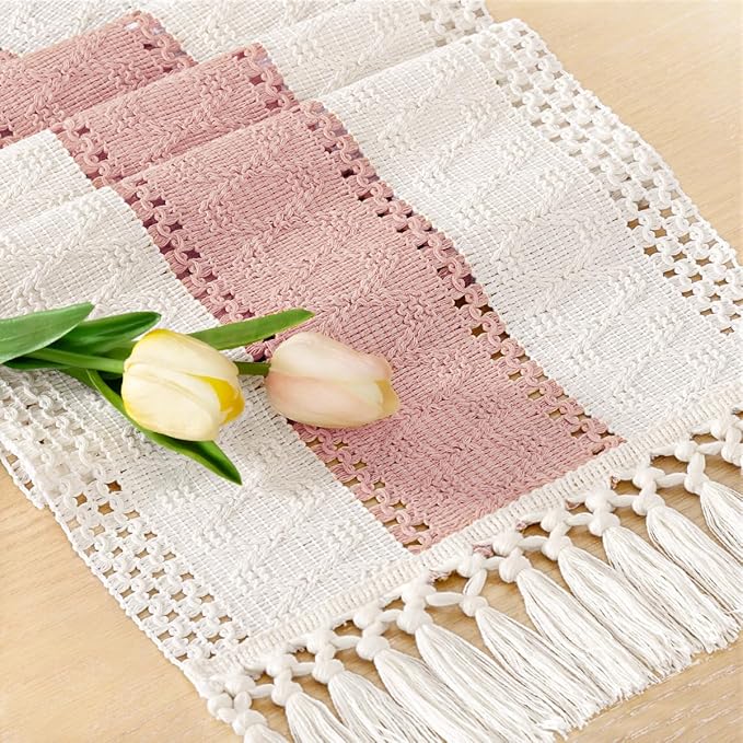 Socomi Boho Table Runner Summer Farmhouse Rustic Dining Kitchen Centerpiece Decor Small Macrame Woven Cotton Linen Coffee Table Runner for Dresser Scarf Home Decor 12x48 inPink Ivory