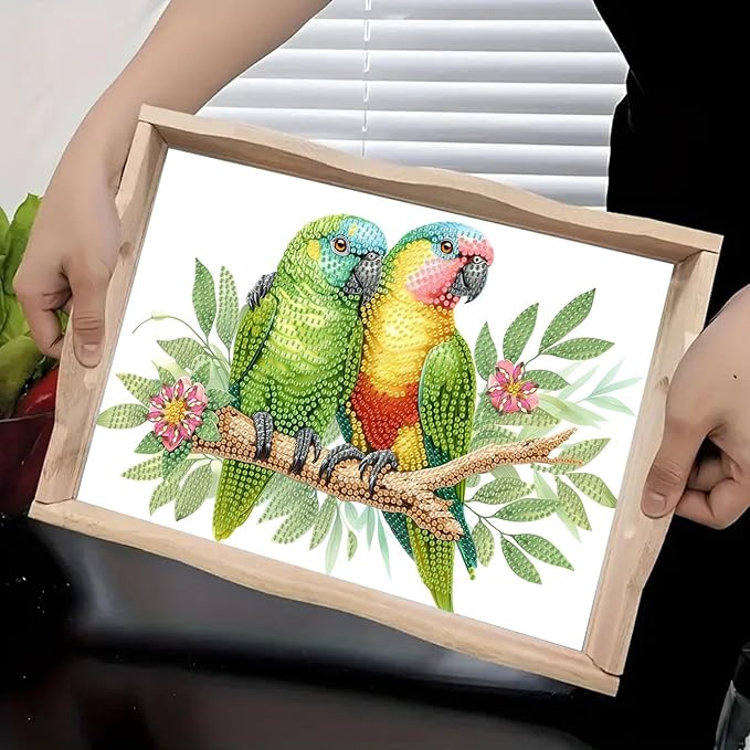 BAYUNOE DIY Diamond Serving Tray Rectangular Wooden Breakfast Tray with Handle Handmade Diamond Art Painting Spring Creative Dinner Plate Coffee Room Living Home Organizer-Parrot