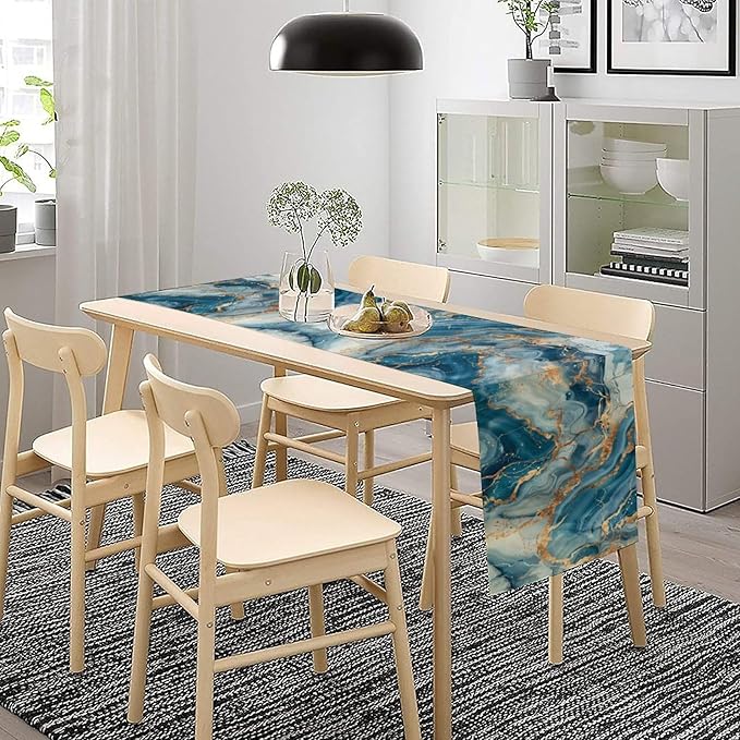 Marble Table Runner, Abstract Gold and Blue Modern Luxury Texture Pattern Printed Linen Table Runners for Kitchen Living Room Farmhouse Dining Room Party Holiday Home Decor 13" W x 108" L