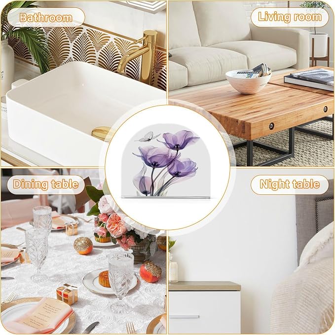 Purple Tulips Flowers Butterfly Napkin Holder for Tables Paper Cocktail Napkin Holders for Kitchen and Dinning, Acrylic Dinner Napkin Dispenser for Restaurant Home Decor Bar Accessories 1 Pack