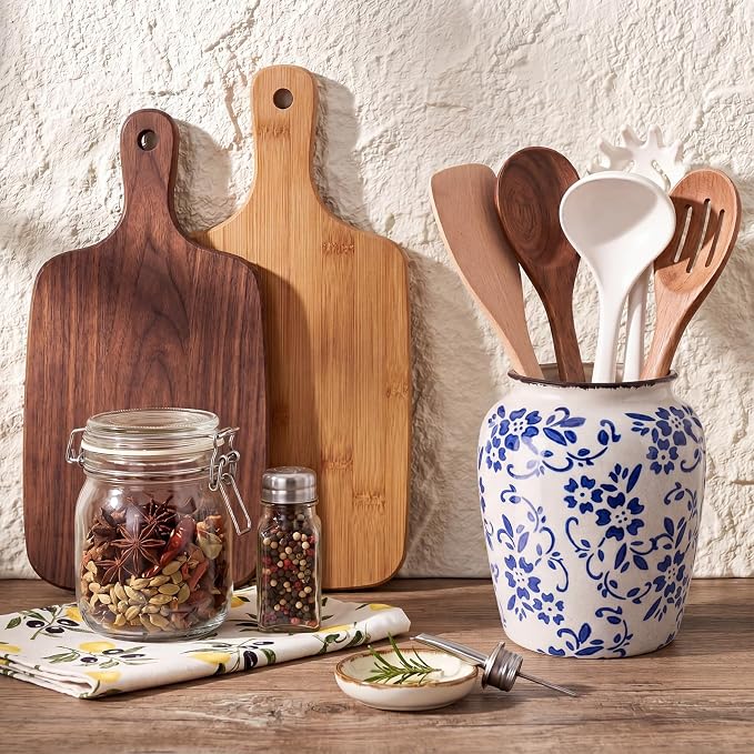 Vintage Kitchen Utensil Holder Chinoiserie Floral Ceramic Utensil Holder Crock Farmhouse Rustic Blue and White Kitchen Decoration for Countertop Organizer