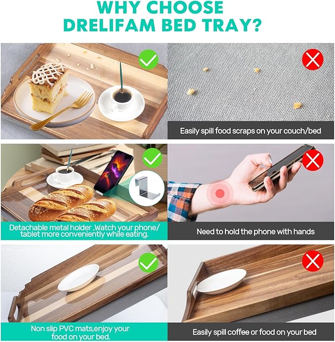 DRELIFAM Lap Desk with Cushion,Wooden Bed Tray Table for Eating,Lap Tray in Recliner,Breakfast Tray,TV Dinner Bed Food Trays (2 Acacia Wood A with 1 Basket)