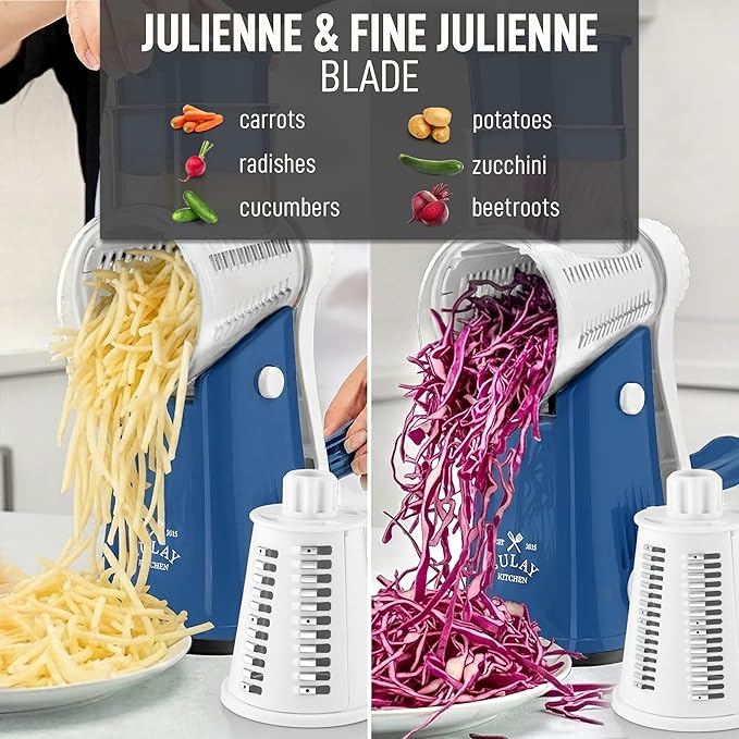 Zulay Kitchen Rotary Cheese Grater 5 Blade Cheese Shredder - Manual Hand Crank Cheese Grater With Reinforced Suction & 5 Interchangeable Drums - Easy to Use, Vegetable Chopper Round Mandoline Slicer