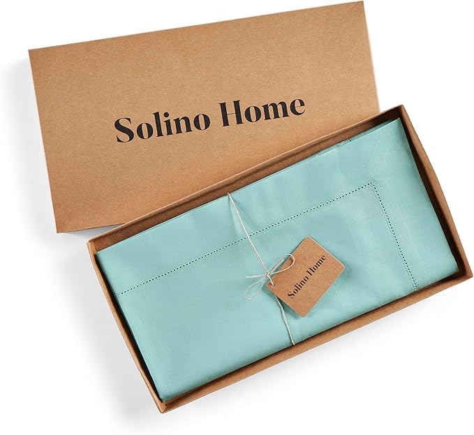 Solino Home Cotton Linen Table Runner 108 Inches Long - Hemstitch Pastel Turquoise Dining Table Runner 14 x 108 Inch for Spring, Summer