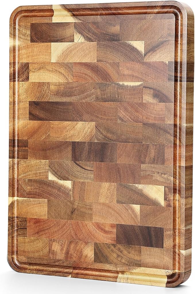 XINZUO Acacia Wood End Grain Cutting Board (13.8''L x 9.8''W x 1''T)-Wooden Chopping Board with Non-Slip Feet, Side Handles and Juice Groove
