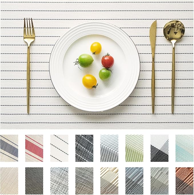 Placemats Set of 6 Vinyl/Plastic Woven Place Mats for Kitchen Table Indoor/Outdoor Washable Placemat Wipeable Dining Table Mats (White Stripes,6)