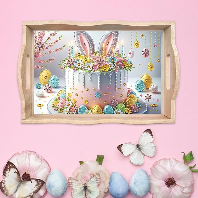 BAYUNOE 2Pcs DIY Diamond Serving Tray Rectangular Breakfast Tray with Handle Handmade Diamond Art Painting Wooden Tray Spring Creative Dinner Plate Coffee Room Living Home Organizer-03
