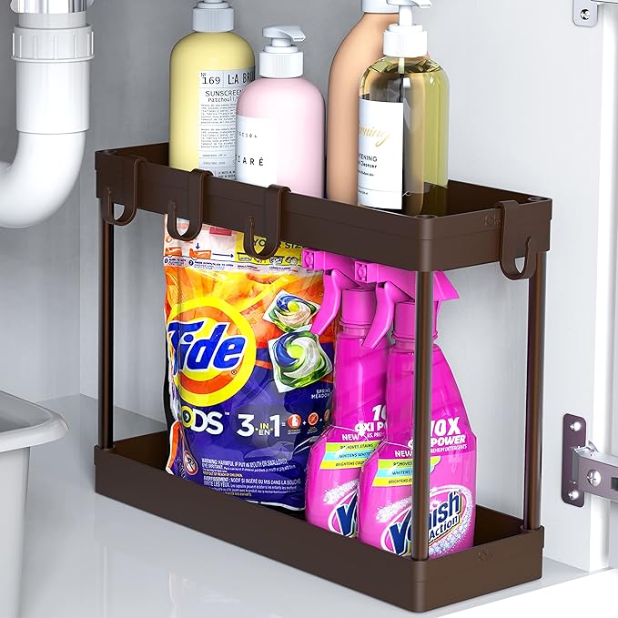 Simple Houseware 2-Tier Under Sink Organizer Storage Tray with Hooks, Brown