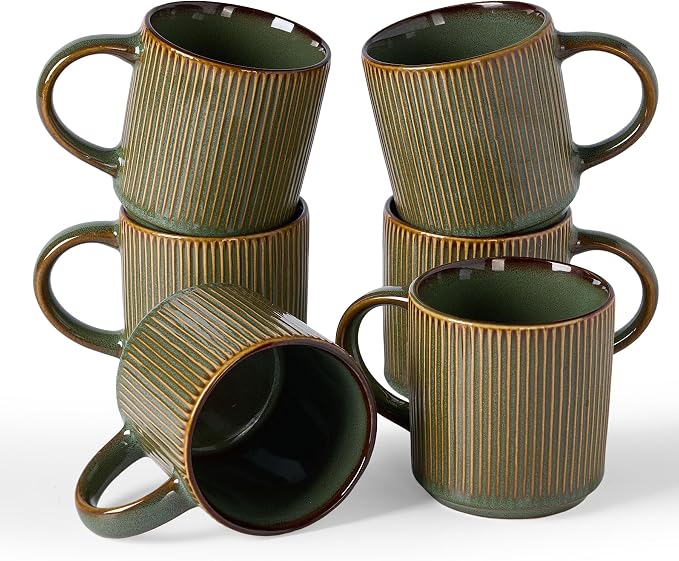 famiware Coffee Mug Set for 6, Star 12 oz Catering Mugs Cup Set with Handle for Coffee, Tea, Cocoa, Milk - Ceramic Stoneware Drinkware Set, Moss