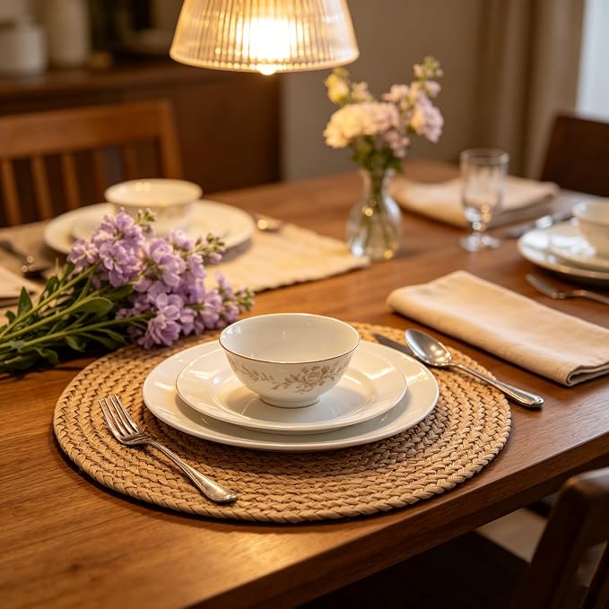 UNZTMH®13.5 Inch Round Braided Placemats Set of 6 | Natural Water Hyacinth, Rattan & Jute Woven Mats | Heat Resistant Non-Slip for Kitchen, Dining, Party & Holiday Decor