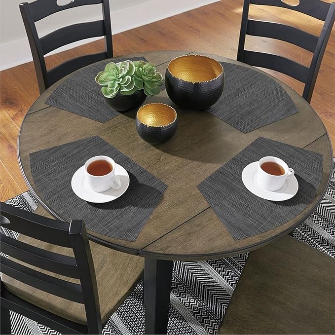 SHACOS Small Round Table Placemats Set of 5 Woven Vinyl Wedge Placemats with Centerpiece Round Table Mats Heat Resistant Wipe Clean (5, Black Gray)