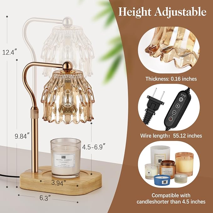 Candle Warmer Lamp with Timer Dimmer, Modern Wax Warmer for Scented Wax Jar Candle Warmer with 2 Bulbs, Adjustable Height Glass Lamp for Gifts for Women, Home Decor, Gold Amber