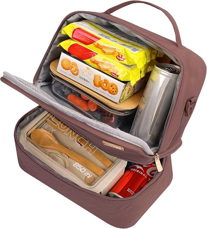 NISHEL Lunch Bag for Women, lunch box with Insulated Compartment and strap | Double-layer lunch bag with insulated compartments for meals, snacks and drinks, ideal for work and daily use, Rosewood-Pink