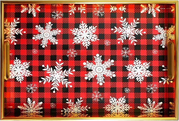 Christmas Gold Serving Tray with Handles, Plastic Decorative Tray, Rectangular Coffee Table Tray for Ottoman, Storage Trays for Bathroom, Living Room Decor