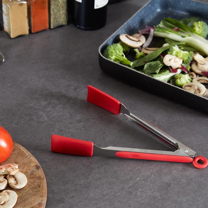 RSVP International Endurance Kitchen Utensil Collection Stainless Steel Locking Tongs for Cooking, 10.75" Length, Square Tip, Red Non-Slip Silicone