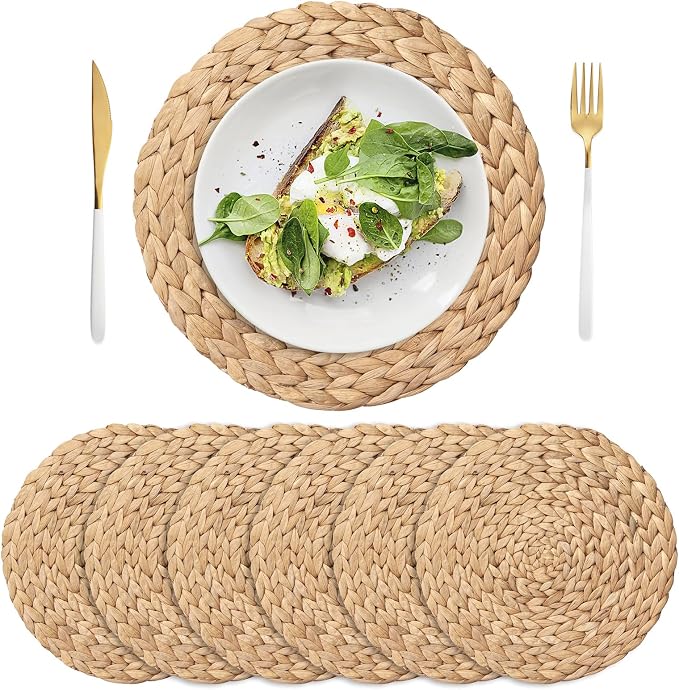 6 Pack 11.8" Woven Placemats, Natural Hand-Woven Water Hyacinth Placemats, Round Braided Rattan Tablemats for Dining Table, Large Weave Round Place Mats Heat Resistant Non-Slip Table Mats, 11.8 Inch